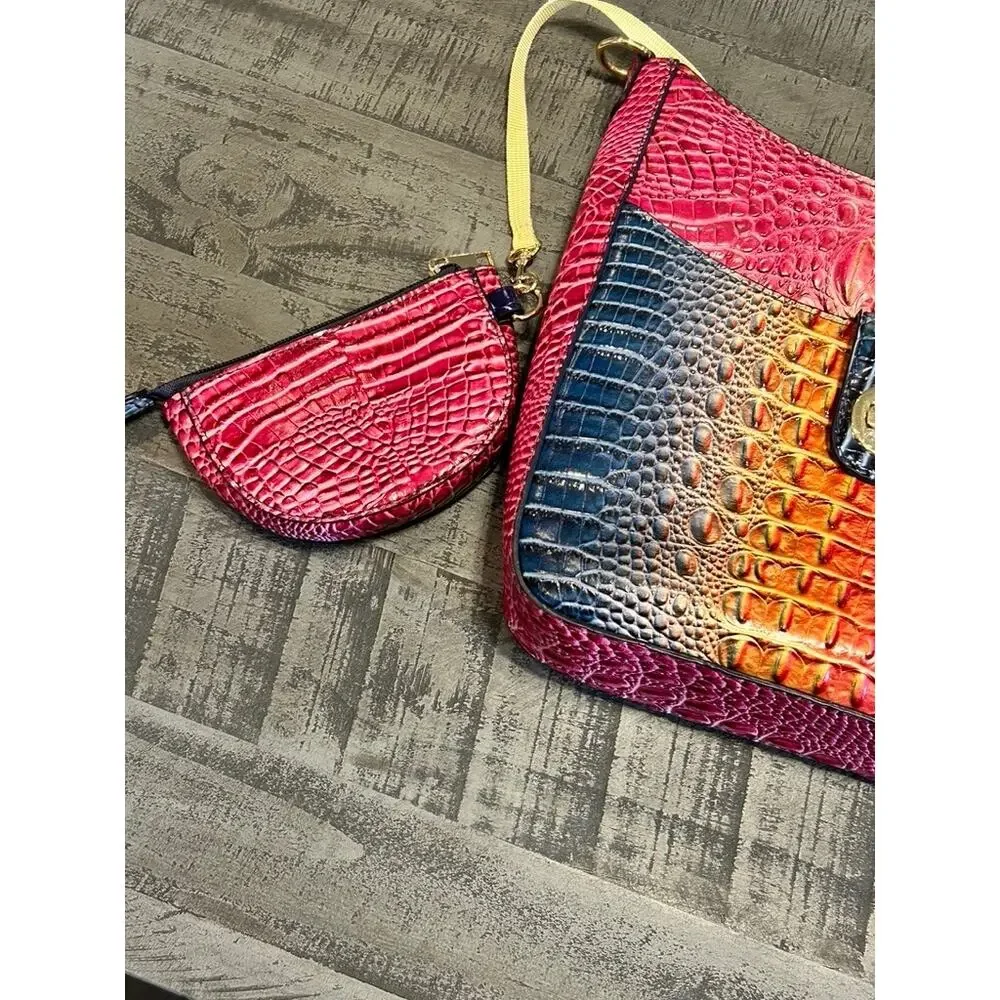 Gradient Rainbow Faux Crocodile Crossbody Bag & Coin Purse Set Ombre Vegan EUC